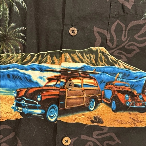 Favant Hawaiian Aloha Shirt Woody Car Palm Tree Beach Print | Black | Size Large - Picture 4 of 4